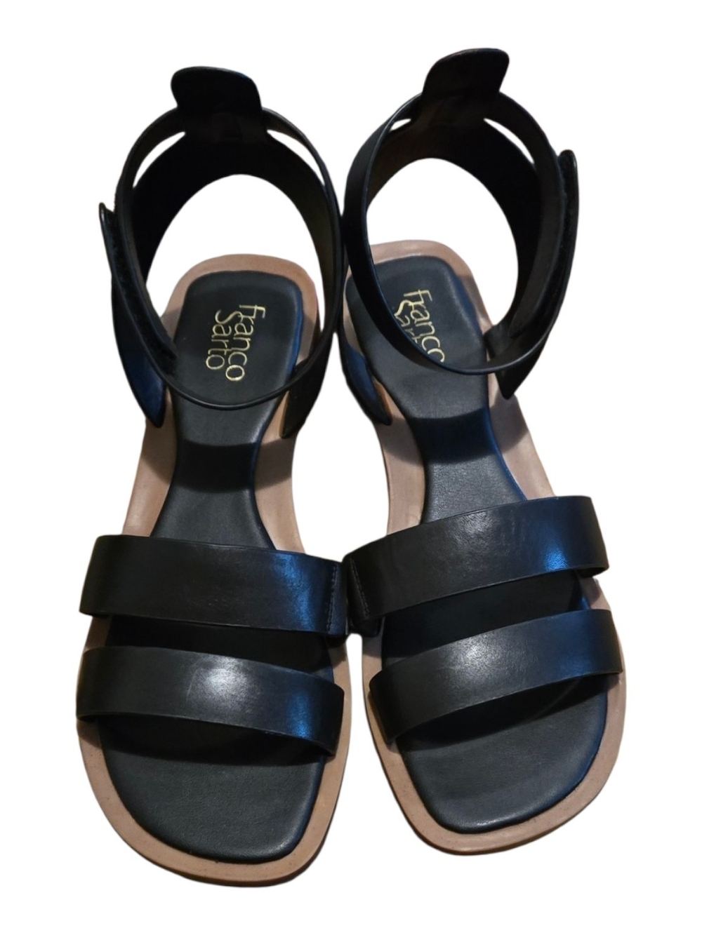 Franco Sarto Black Leather Double-Strap Ankle Sandals